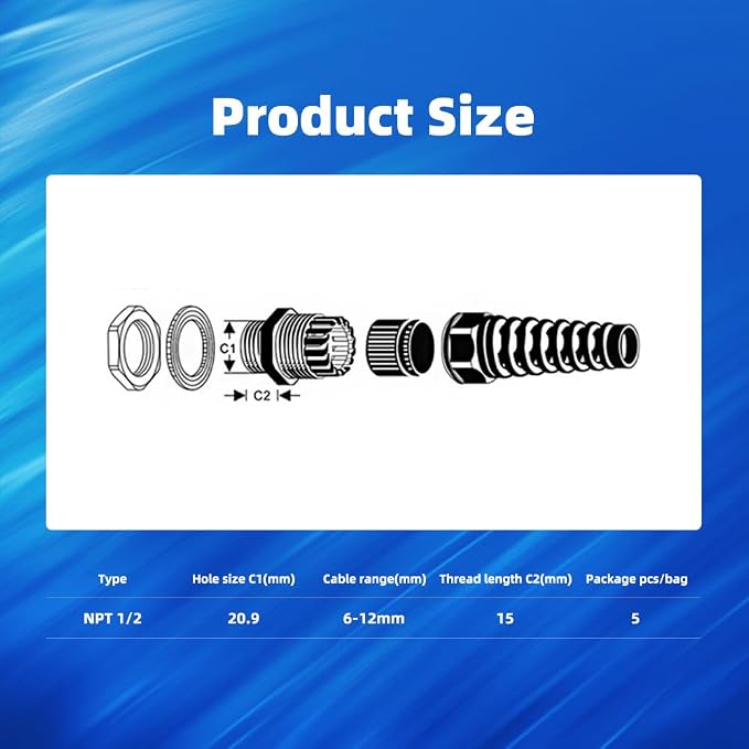 Strain Relief Cord Connector, CGELE 5 Pack NPT 1/2" Waterproof Cable Gland Cord - Image 2