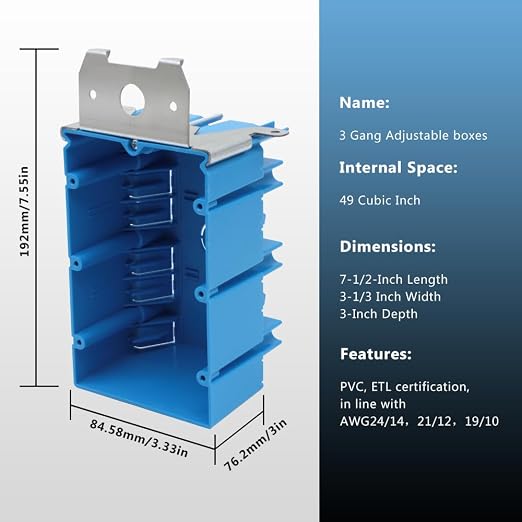 PVC Blue Adjustable Electrical Box Outlet, 49 Cu.in.Adjustable 3 Gang - Image 3