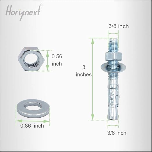3/8 Concrete Anchors, Concrete Wall Anchors, Metal Wedge Bolts | Zinc-plated - Image 2