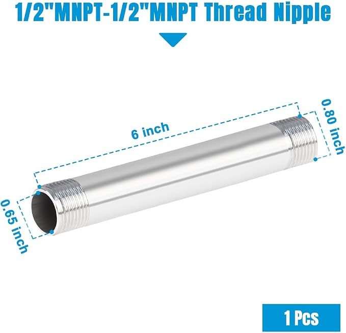 Quickun 304 Stainless Steel Nipple Pipe Fitting, 1/2" NPT x 1/2" NPT Male - Image 2