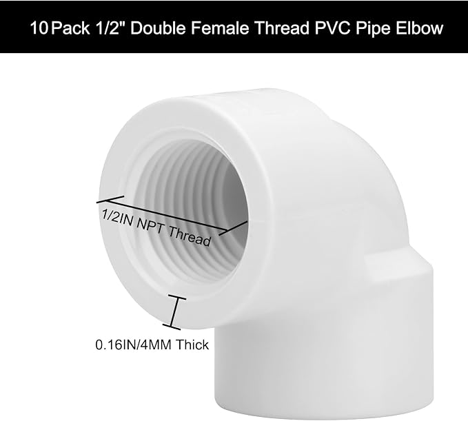 10Pack 1/2" Double Female Thread 90 Degree PVC Elbow Pipe Fitting Connector - Image 2