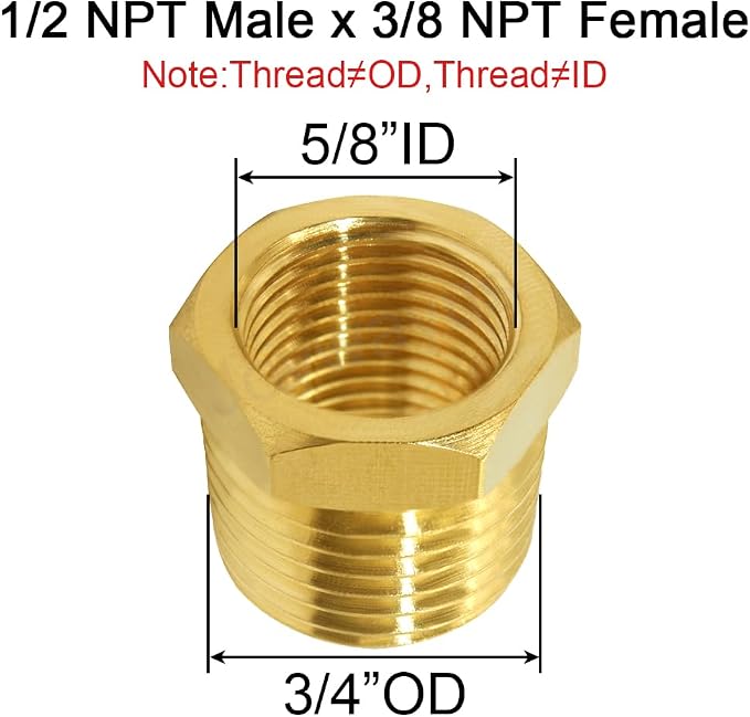 Joywayus 5Pcs Brass Reducing Hex Bushing 1/2" NPT Male to 3/8" NPT Female | - Image 2