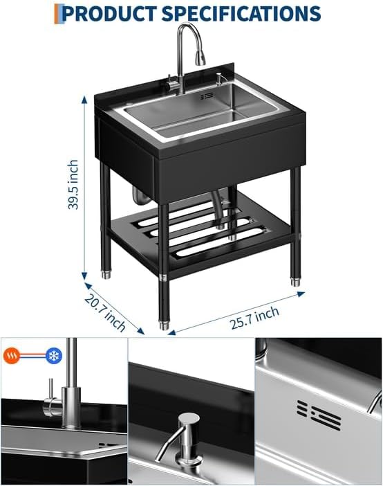 Stainless Steel Utility Sink, 31.1" × 22" × 37.8" Freestanding Laundry Tub - Image 2