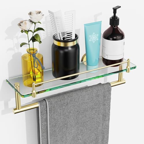 Towel Rack with Shelf 16 Inch, Bathroom Shelf with Towel Bar Tempered Glass by HOMELIFE