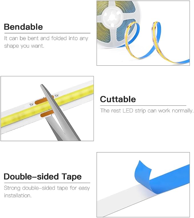ZSLAIFU 5V USB LED Light Strip, COB LED Strip Lights, Ice Blue 5V LED Lights - Image 2
