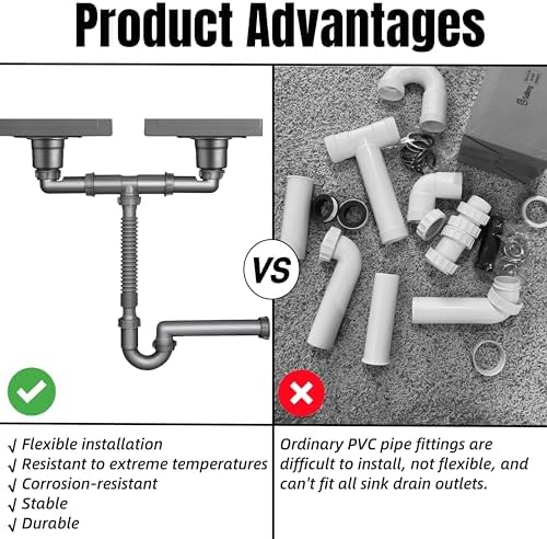 1-1/2 In Double Kitchen Sink Drain Kit, Flexible Wall-Outlet P-Trap - Image 4