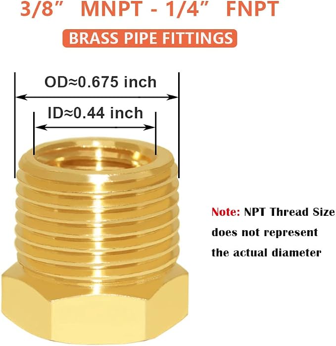 Hooshing 10PCS Brass Reducer Hex Bushing 3/8" NPT Male x 1/4" NPT Female | - Image 2