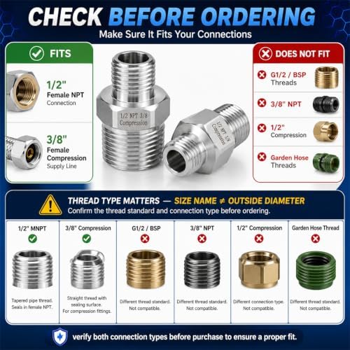 2 Pack 1/2" MNPT to 3/8" Compression Adapter, Lead-Free 304 Stainless Steel - Image 5