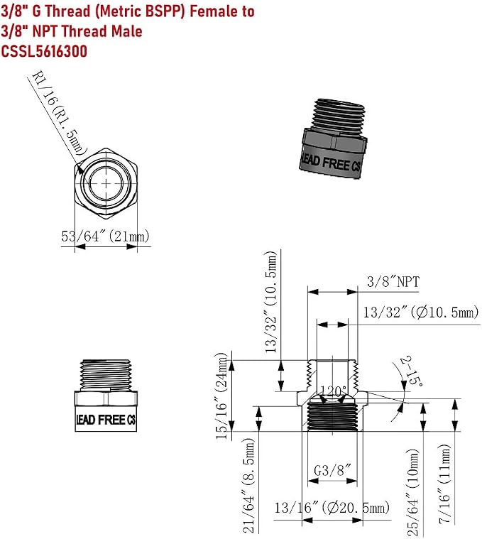 Cascada 3/8" G Thread Female to NPT Male Adapter Lead-Free | Brass Pipe Fitting - Image 3