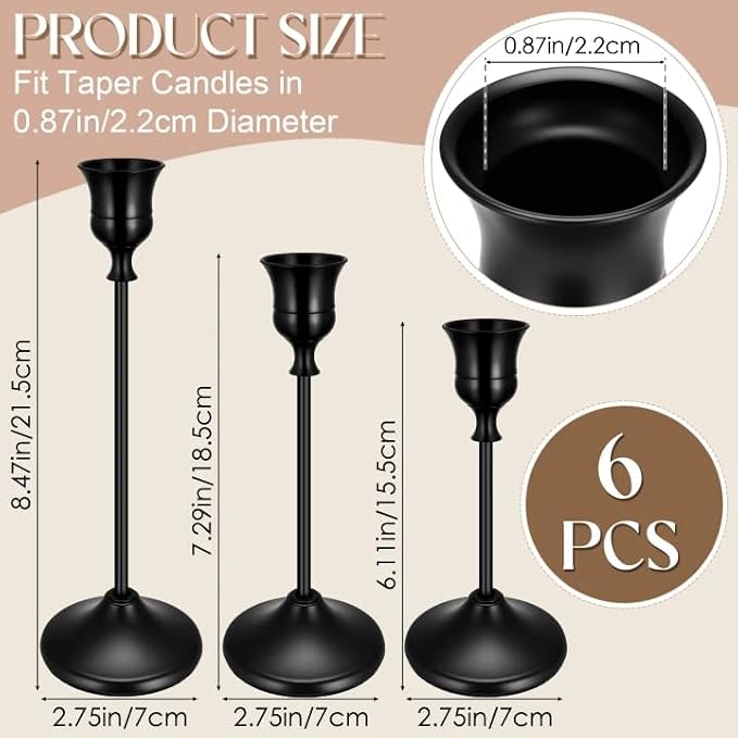6PCS Brass Black Taper Candle Holders Set, Metal Candlestick Holders | Vintage - Image 5