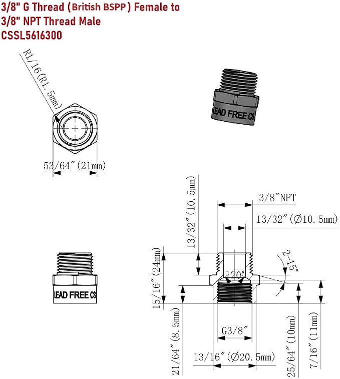 Cascada 3/8" G Thread Female to 3/8" NPT Thread Male Pipe Fitting Adapter - Image 2