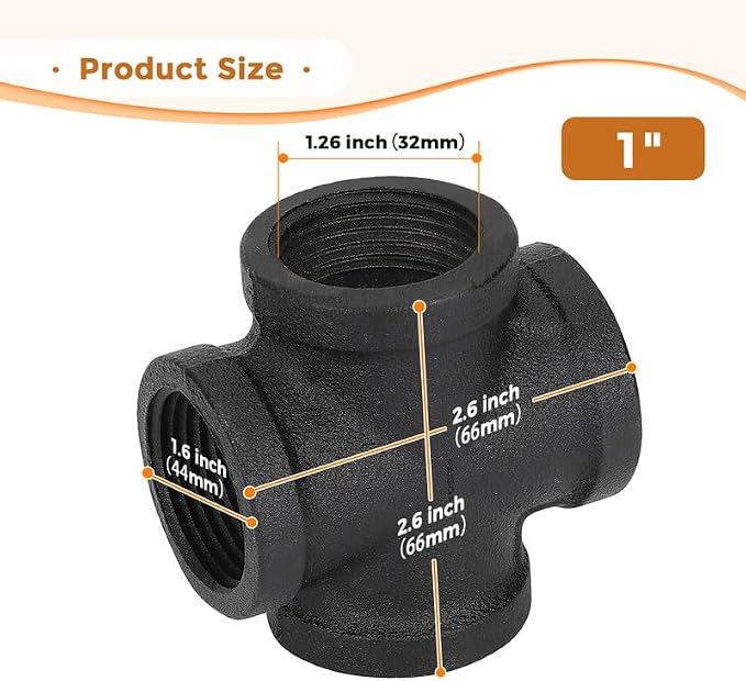 1" Black Pipe Fittings 4-Way Cross Fitting Home Expert 4 Pack | Malleable Cast - Image 3