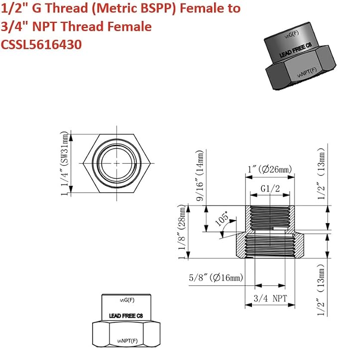 Cascada 1/2" G Thread Female to 3/4" NPT Thread Female Pipe Fitting Adapter - Image 2