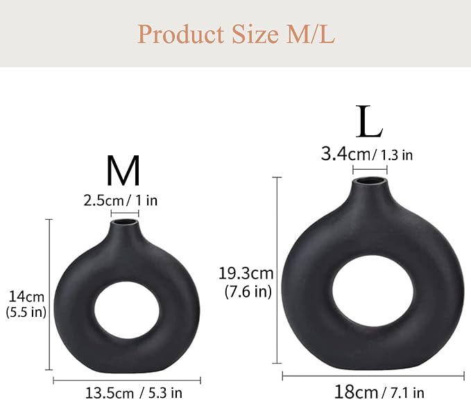 Black Ceramic Donut Vase Set of 2, Big Hollow Round Matte Pampas Flower Vases - Image 6