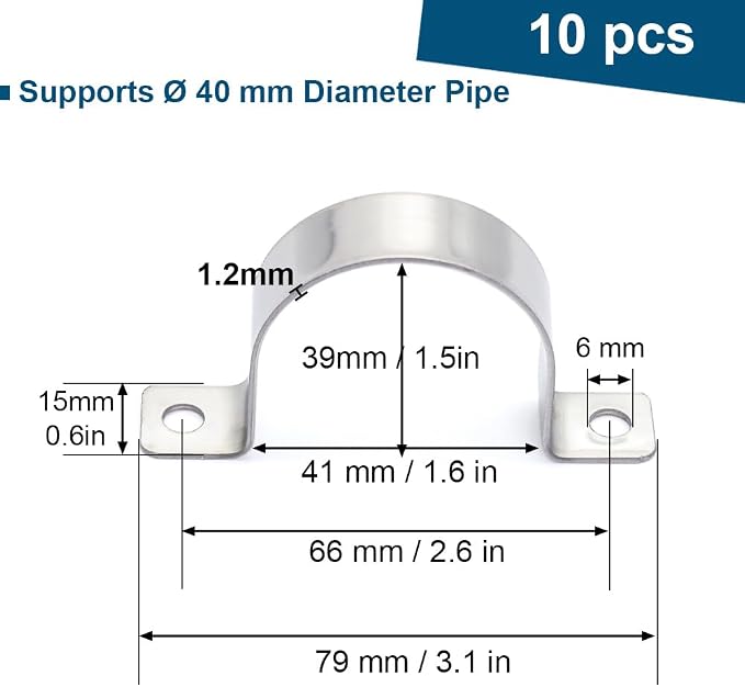 1-9/16 In. Conduit Clamps Two Hole Metal Clamp Stainless Steel U Bracket - Image 2
