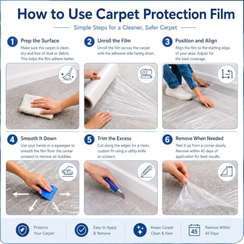 Amylove 15.7 Inch X 100 ft Carpet Plastic Protection Film, Transparent - Image 4