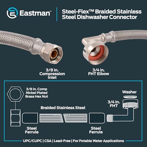 Eastman 8 foot Dishwasher Supply Line, 3/8 Inch Compression x 3/4 Inch FHT Elbow - Image 6