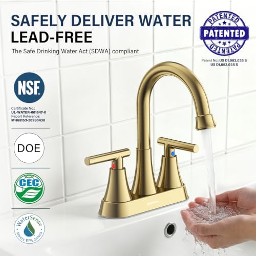 Brushed Gold Bathroom Faucets, Hurran 4 inch Centerset 2-Handle Lead-Free - Image 4