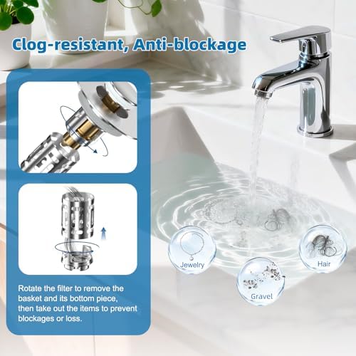 Hibbent 2 Pack Bathroom Sink Drain Strainer, 3 in 1 Pop Up Stopper - Image 2