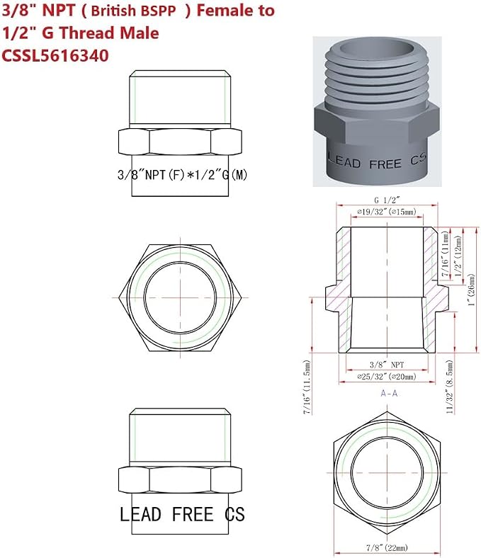 Cascada Lead-Free Brass Adapter, G Thread British BSPP Male to NPT Female | - Image 5