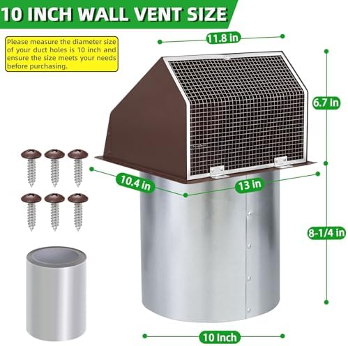 10 Inch Hooded Wall Vent with Screen and Damper, Outdoor Wall Exhaust Vent - Image 2