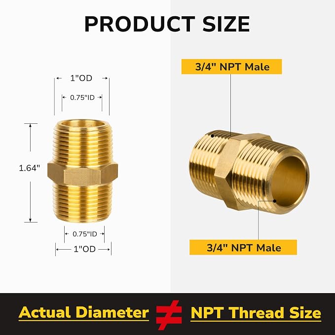 3/4" to 3/4" NPT Male Brass Nipples, Brass Pipe Adapter Fittings, Heavy Duty - Image 2