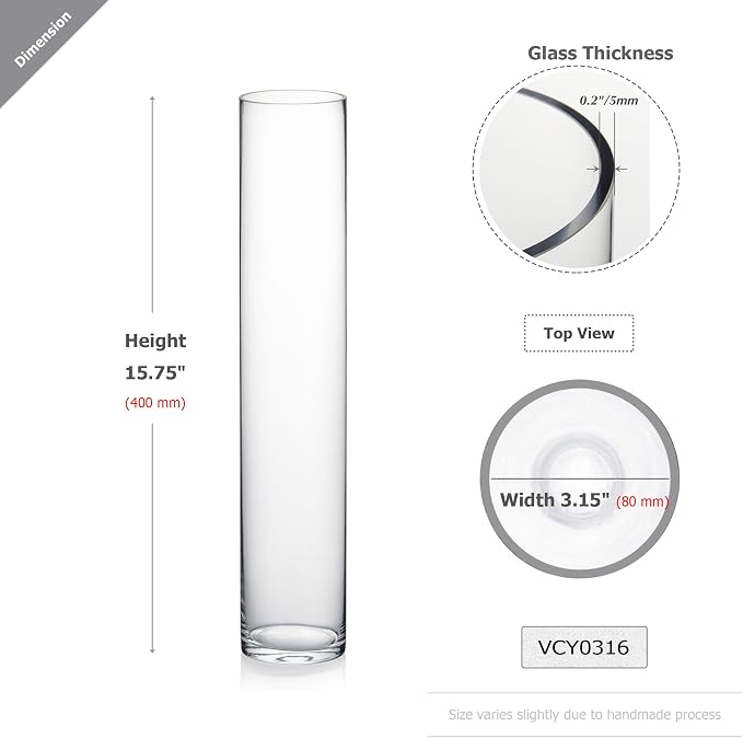 WGVI Quality Thick Weighted Clear Cylinder Glass Vases, Skinny Bud Tall Vase - Image 2