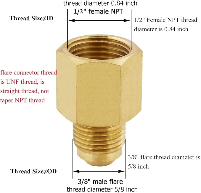 2 pcs Brass Flare Tube Fitting Coupling Gas Adapter 3/8" Male Flare x 1/2" NPT - Image 2