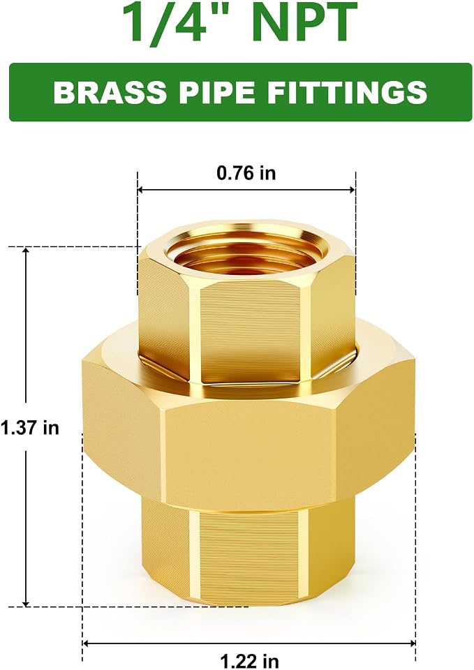 2PCS Brass Union，1/4" NPT Female x 1/4" NPT Female Brass Pipe Fitting - Image 2