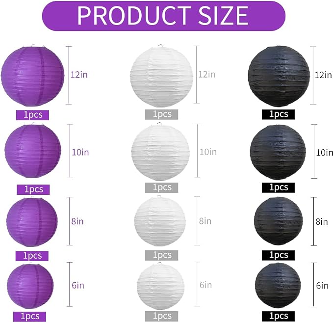 BEISHIDA Black Purple White Paper Lanterns 6/8/10/12Inch Round Chinese Lamp | - Image 2