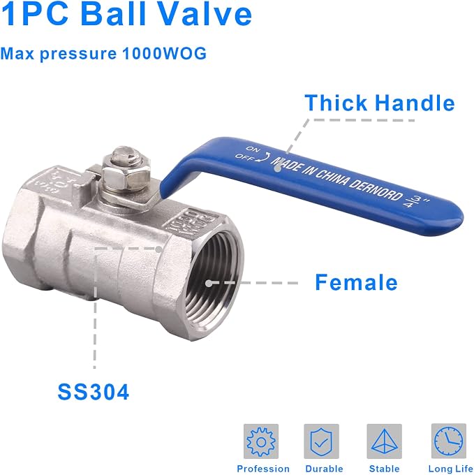 DERNORD Stainless Steel 3/4 Inch Ball Valve 1PC Type NPT Standard Port - Image 4