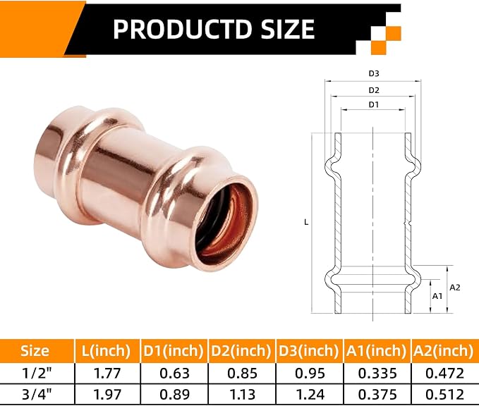 3/4" Copper Press Coupling Fitting - Image 2