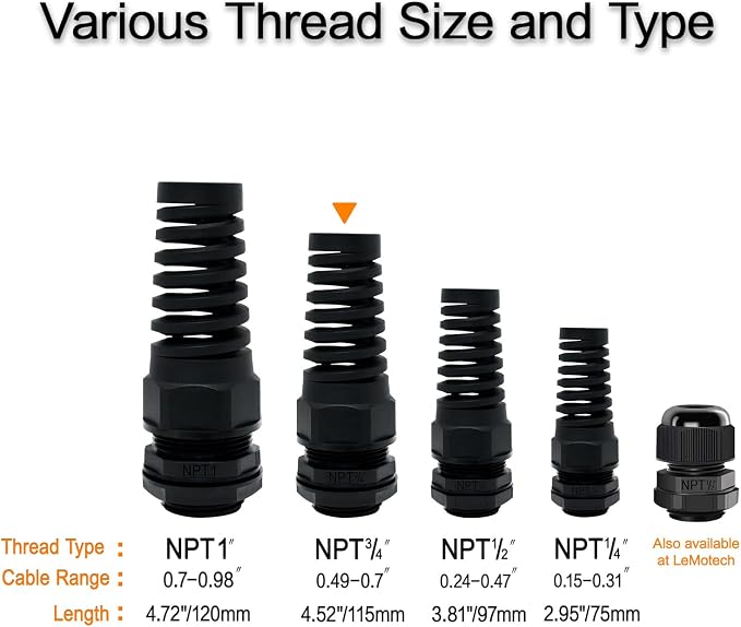 10Pcs NPT 3/4" IP68 Waterproof Cable Gland Flex Spiral Strain Relief Black - Image 6