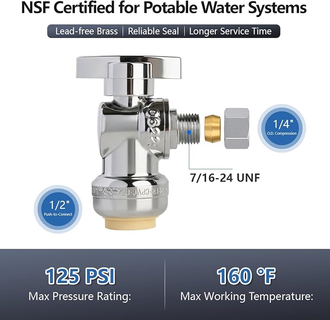 WiseWater Push to Connect Angle Stop Valve 1/2" Push x 1/4"OD | 1/4 Turn - Image 2
