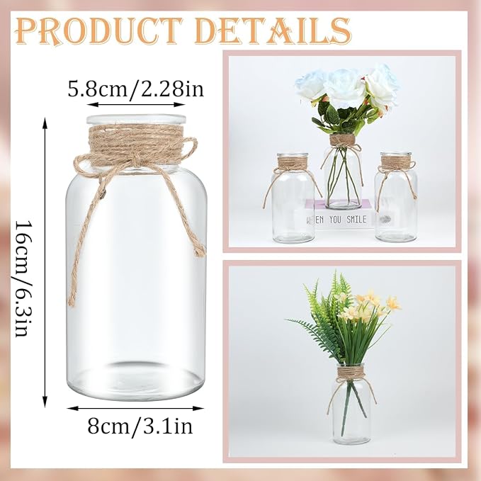3 Pack Mason Jar Vases for Centerpieces, Wide Mouth Mason Jars - Image 2