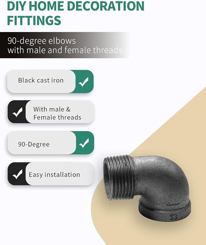 Black Cast Iron 90 Degree Elbow, Female to Male Pipe Fitting, 3/4 Inch Size - Image 4