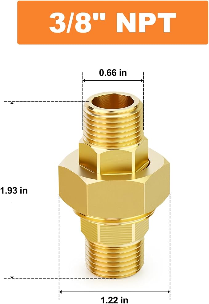 GASHER 2PCS 3/8" MNPT Brass Union Pipe Fitting | 3/8 Inch Male x 3/8 Inch Male - Image 2