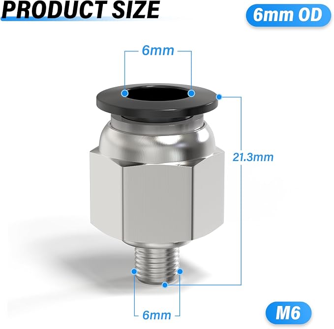 TAILONZ PNEUMATIC Male Straight 6mm Tube OD x M6 Thread Push to Connect - Image 2