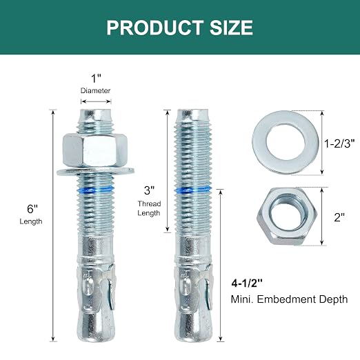 1" x 6" Concrete Anchors 1 inch Wedge Anchors Bolts Zinc Plated - Image 2