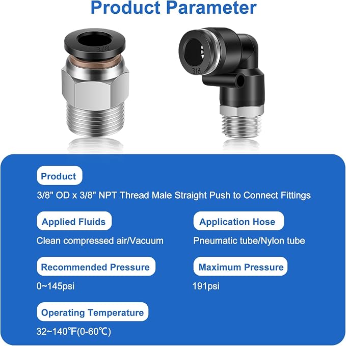 CNAODUN 12 Pcs Push to Connect Fittings 3/8 Inch Tube OD x 3/8 Inch NPT Thread - Image 2