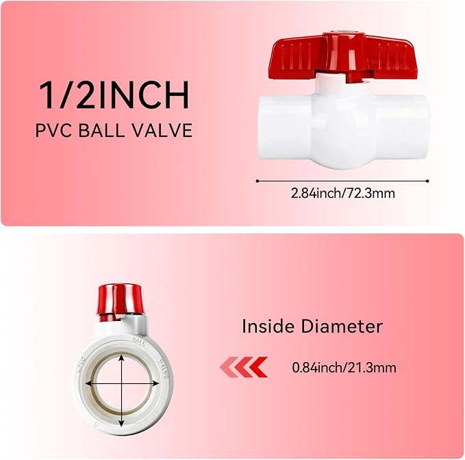 YADIAN 10Pack 1/2'' PVC Ball Valves Threaded, T-handle SCH40 Water Pipe - Image 7