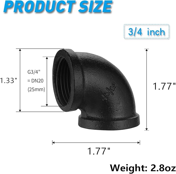 3/4" Black Pipe Elbow, 20 Pack DN20 Threaded Cast Malleable Iron Pipe Fitting - Image 2
