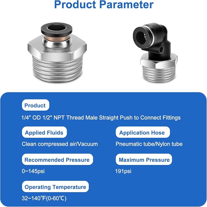 CNAODUN 12 Pcs Push to Connect Fittings 1/4 Inch Tube OD x 1/2 Inch NPT Thread - Image 2