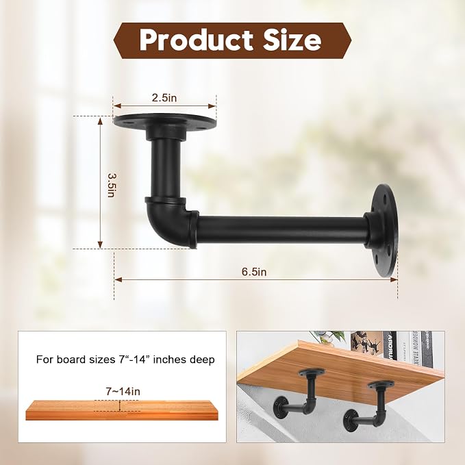 Storystore Industrial Pipe Shelf Brackets, 6 Pack Iron L-Shaped Shelving - Image 2
