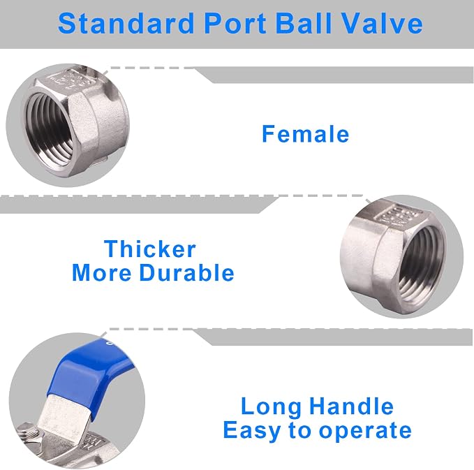 DERNORD Stainless Steel Ball Valve 1PC Type 0.5 Inch NPT Standard Port - Image 3