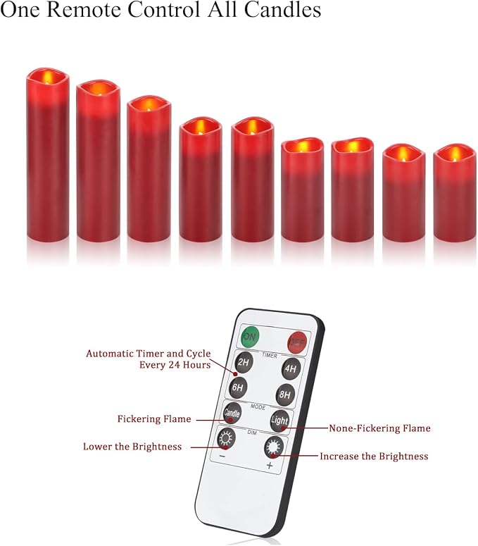 Flameless Candles Led Candles Pack of 9 Burgundy Real Wax Battery Candles - Image 6