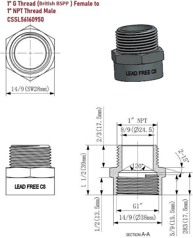 Cascada 1" G Thread Female to 1" NPT Thread Male Pipe Fitting Adapter - Image 2