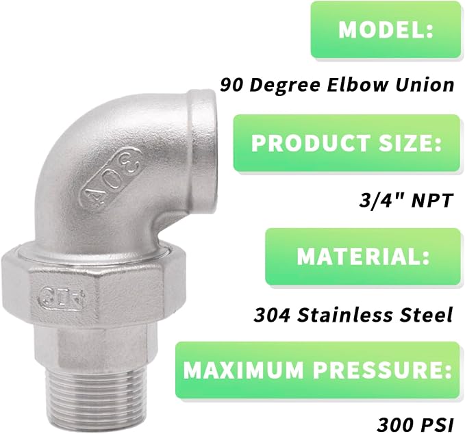 2 Pcs 304 Stainless Steel 90 Degree Elbow Union, 3/4" NPT Threaded Female x - Image 3