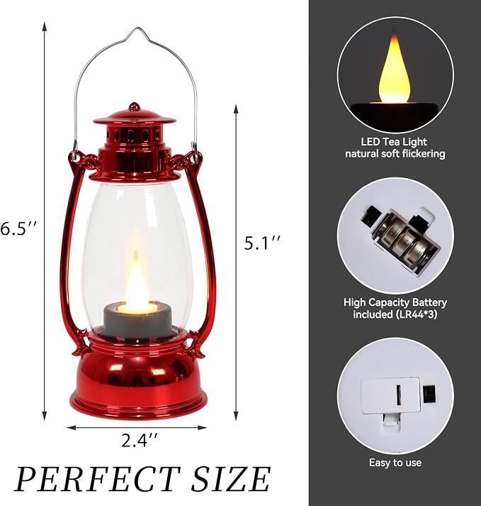Red Mini Lanterns with Flickering LED Candle Lights, Vintage Small Western - Image 6