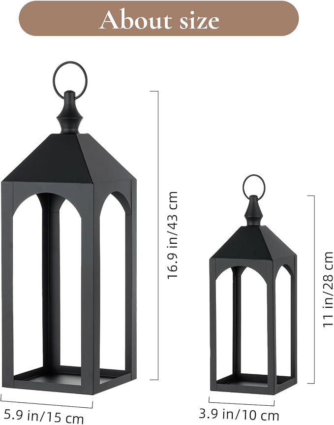 17" & 11" Black Metal Outdoor Floor Lantern, Front Porch Decor | Set of 2 - Image 4